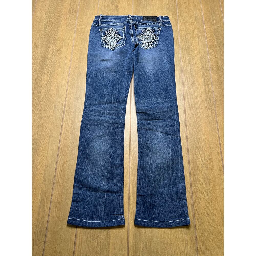 Soundgirl Y2K Rhinestone Cross Bootcut Jeans Low Rise Womens 29x30 Blue - Picture 8 of 12
